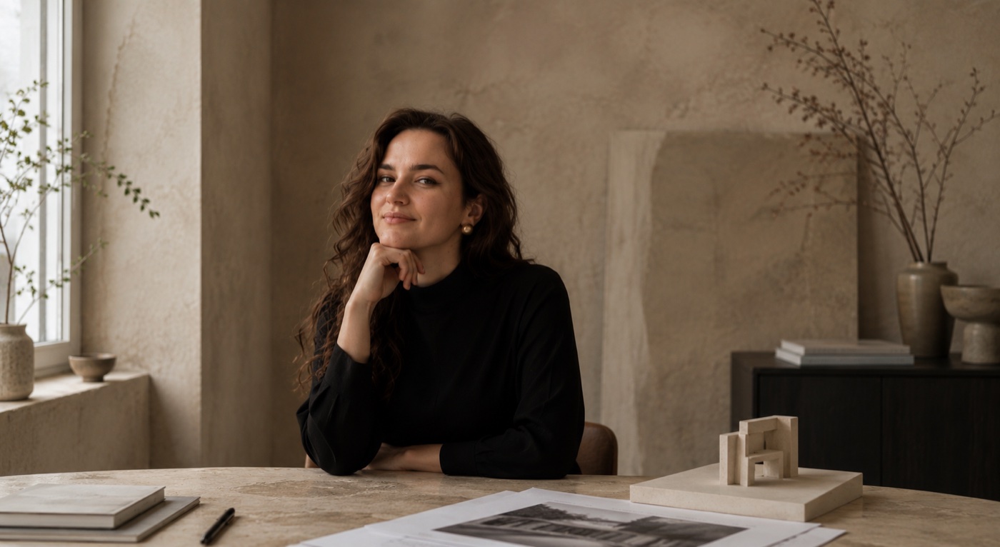 Adea, founder of ORIÄNSE, seated at a travertine desk beside an architectural model in a warm minimalist studio